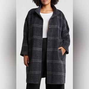 Eileen Fisher Hooded High Collar Snap Front Alpaca Blend Plaid Coat XS